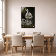 Unframed poster print of El Greco's Saint Francis and Brother Leo Meditating on Death displayed on a wall in a dining room