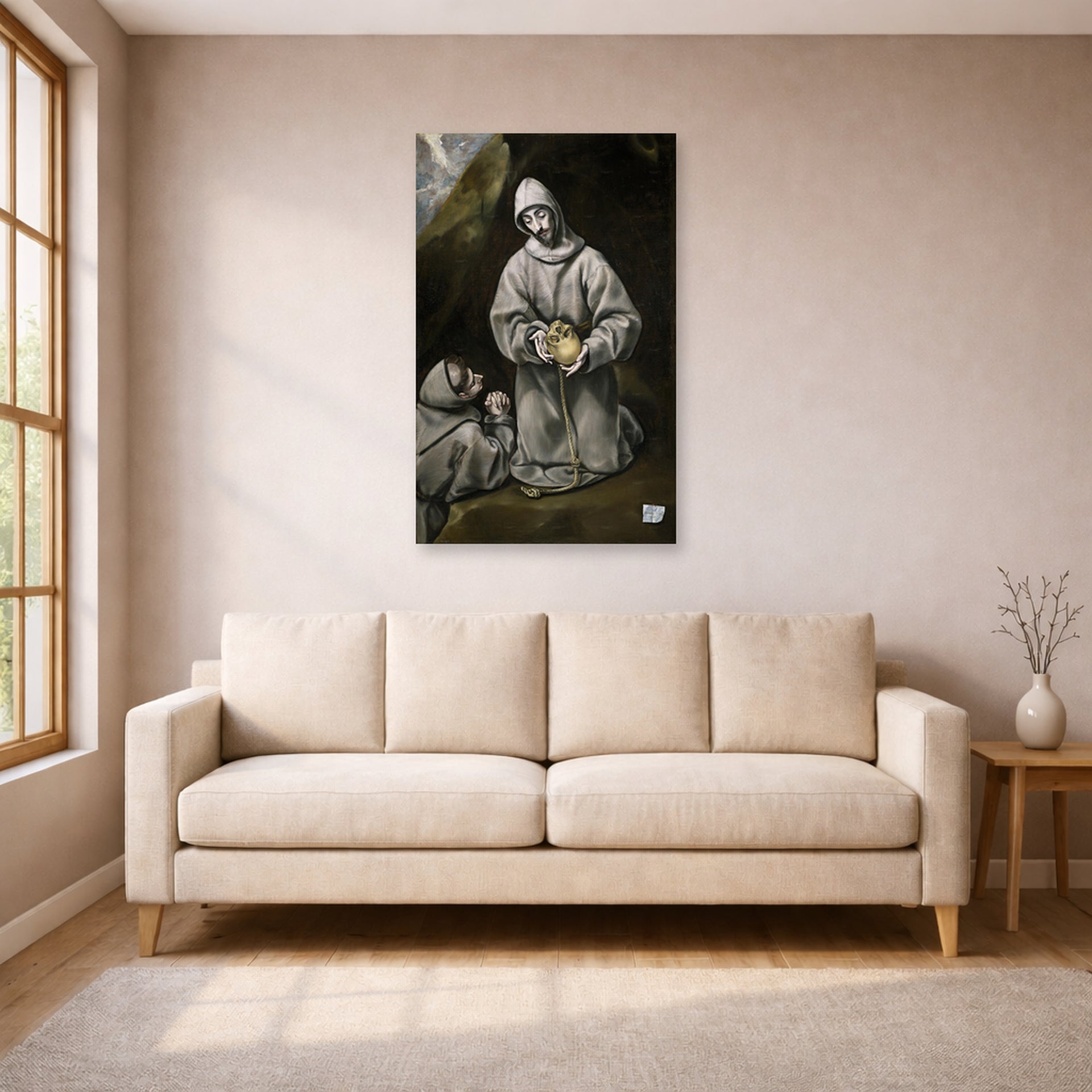 Unframed poster print of El Greco's Saint Francis and Brother Leo Meditating on Death displayed on a wall in a living room