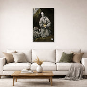 Unframed poster print of El Greco's Saint Francis and Brother Leo Meditating on Death displayed on a wall in a living room