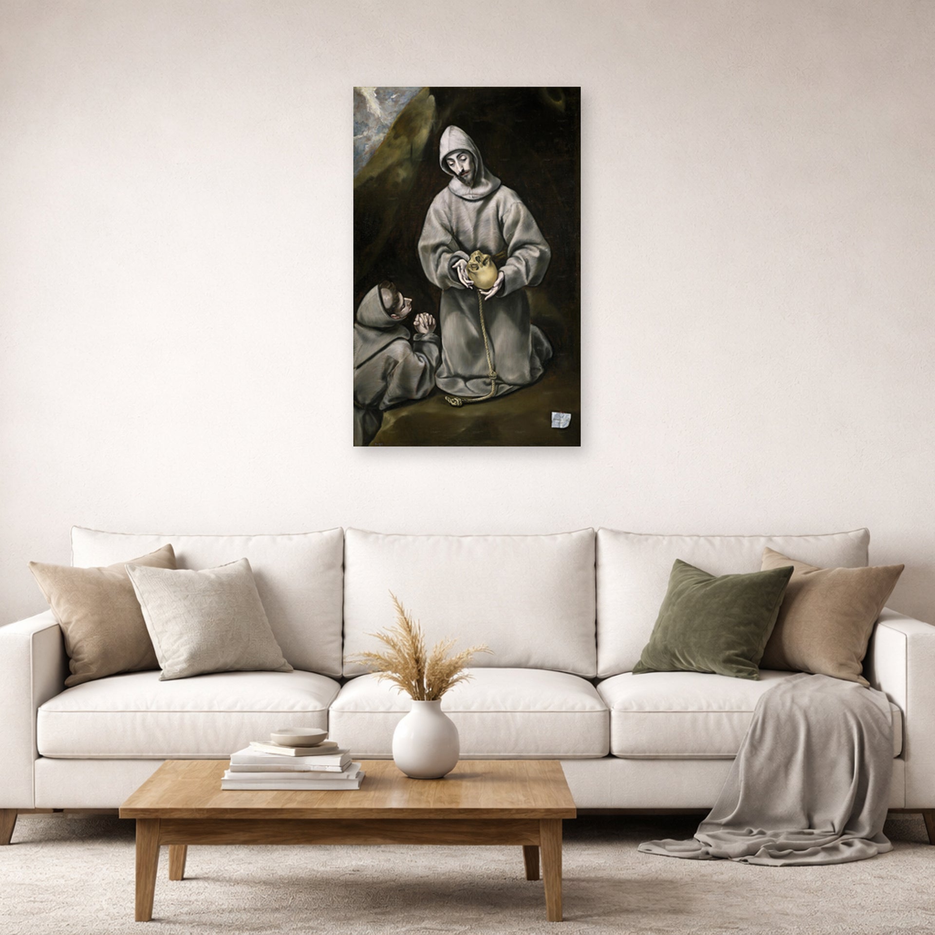 Unframed poster print of El Greco's Saint Francis and Brother Leo Meditating on Death displayed on a wall in a living room