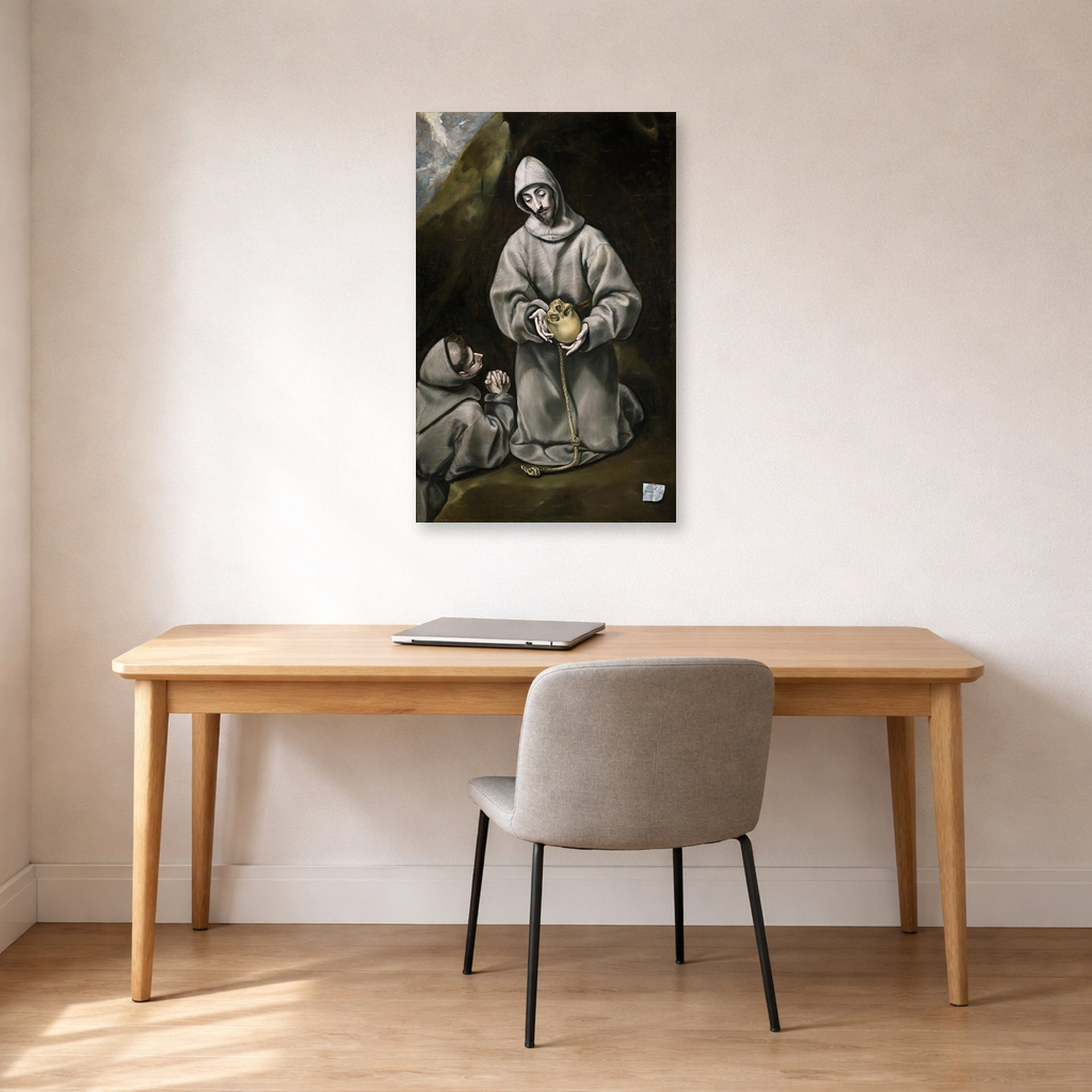 Unframed poster print of El Greco's Saint Francis and Brother Leo Meditating on Death displayed on a wall in an office