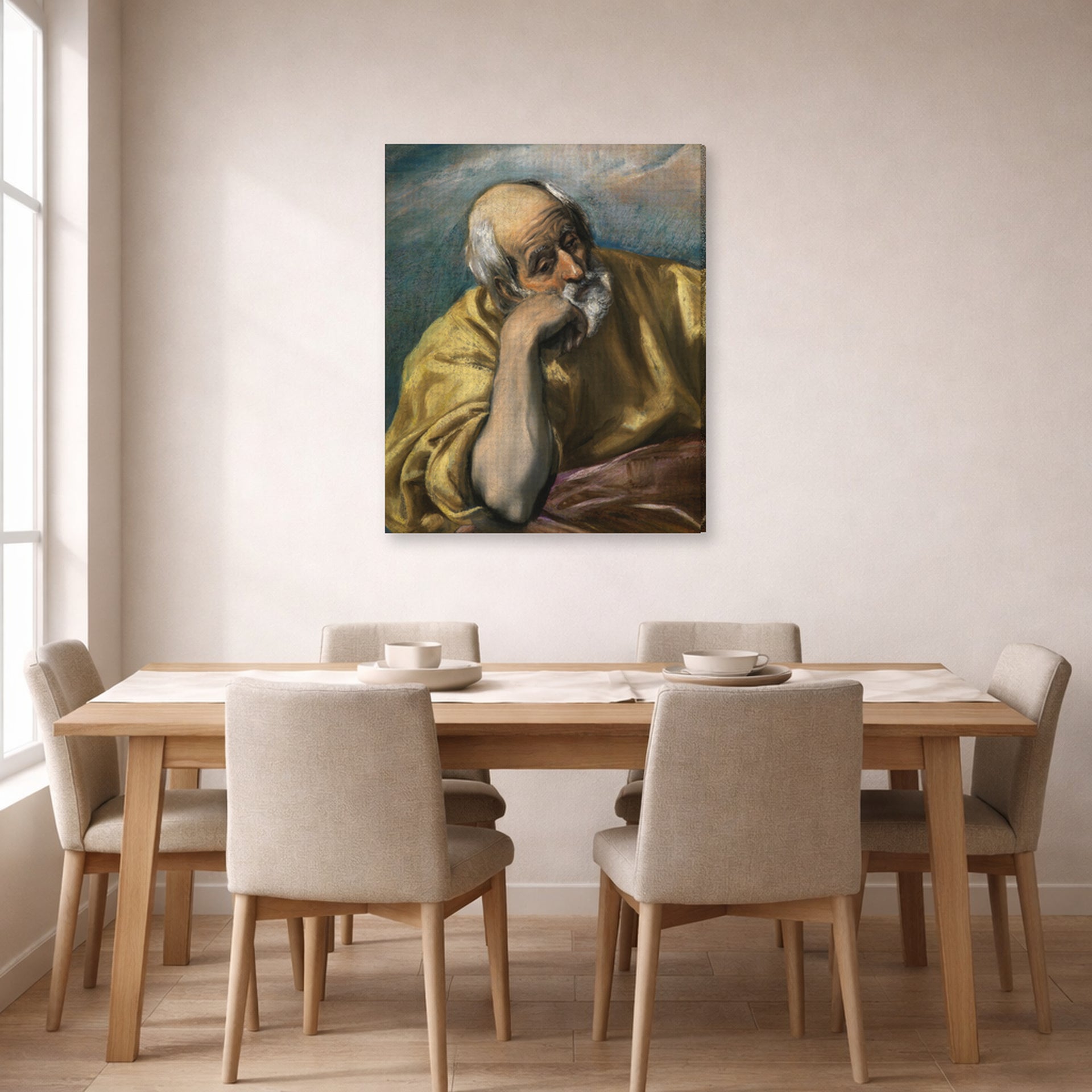 Gallery-wrapped canvas print of El Greco's Saint Joseph displayed on a wall in a dining room