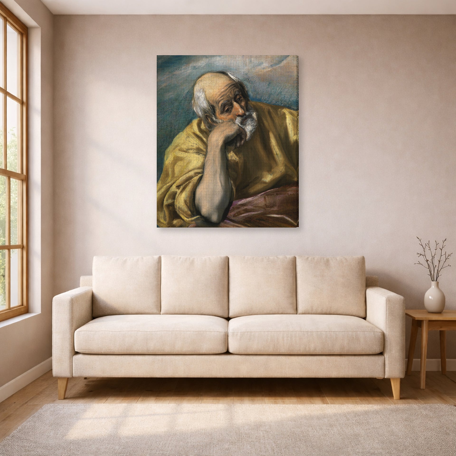 Gallery-wrapped canvas print of El Greco's Saint Joseph displayed on a wall in a living room