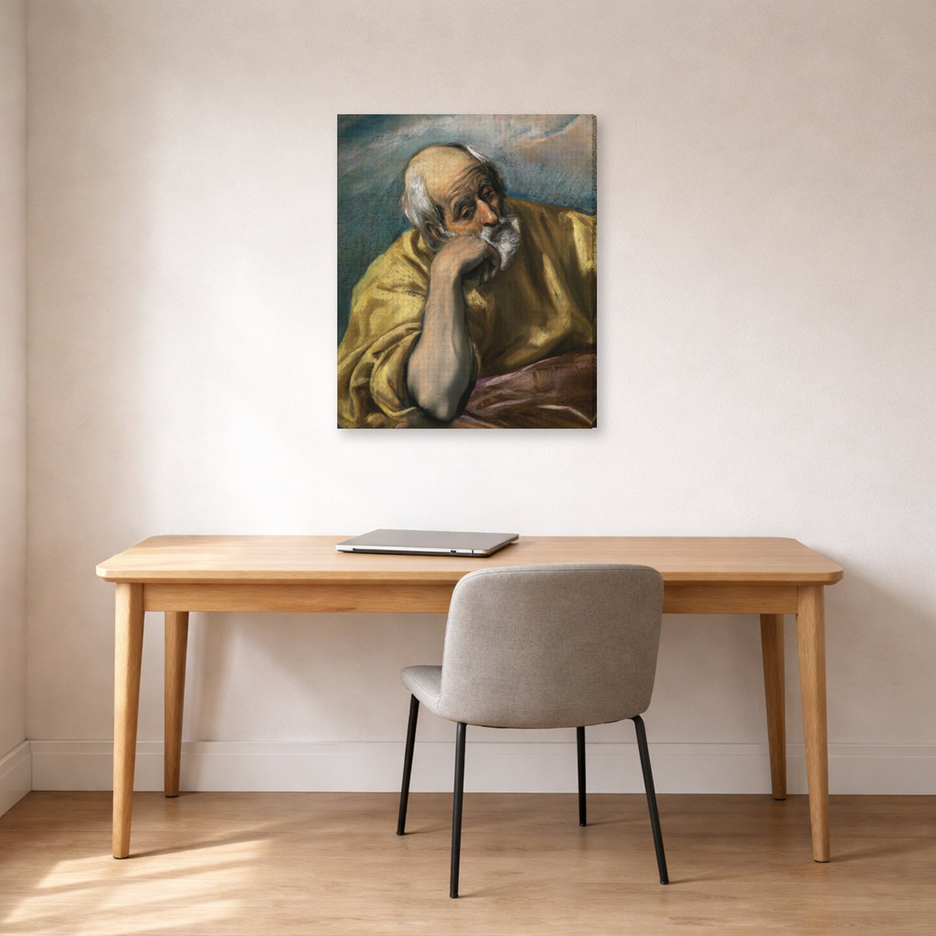 Gallery-wrapped canvas print of El Greco's Saint Joseph displayed on a wall in an office