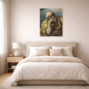 Unframed poster print of El Greco's Saint Joseph displayed on a wall in a bedroom