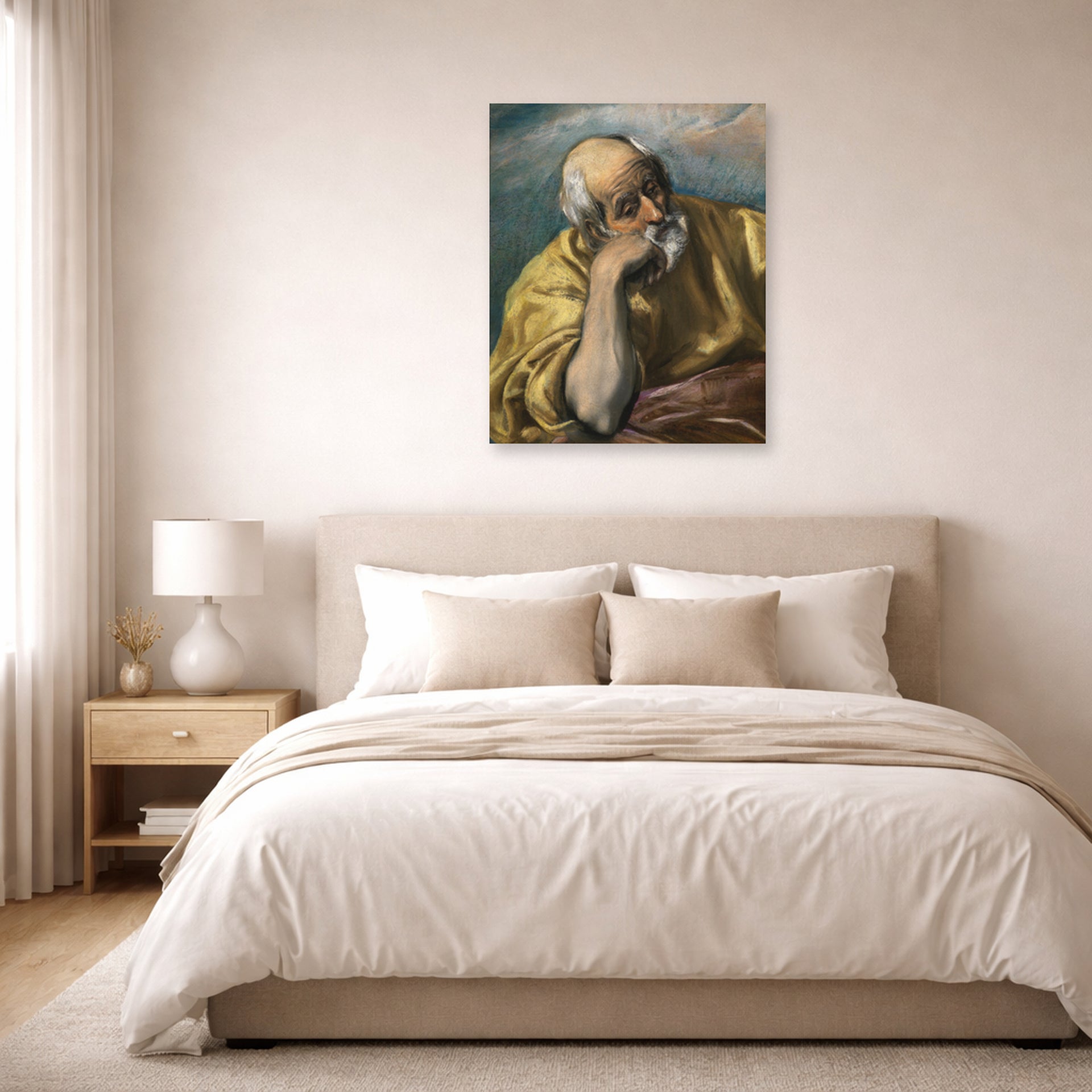 Unframed poster print of El Greco's Saint Joseph displayed on a wall in a bedroom