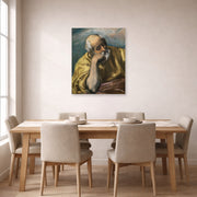 Unframed poster print of El Greco's Saint Joseph displayed on a wall in a dining room