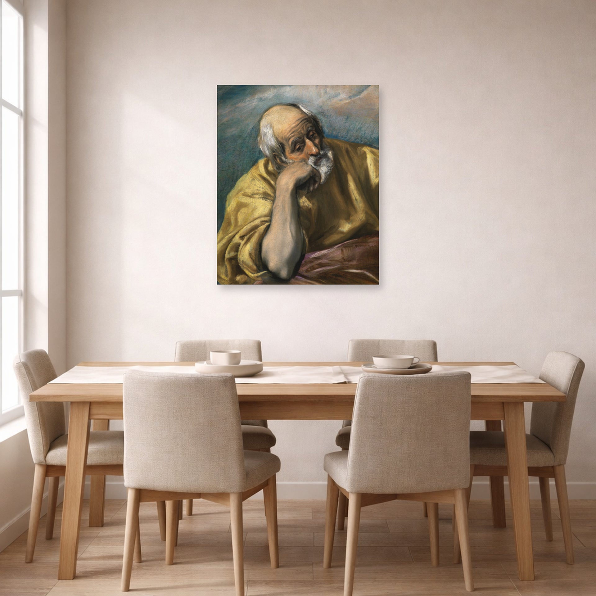 Unframed poster print of El Greco's Saint Joseph displayed on a wall in a dining room