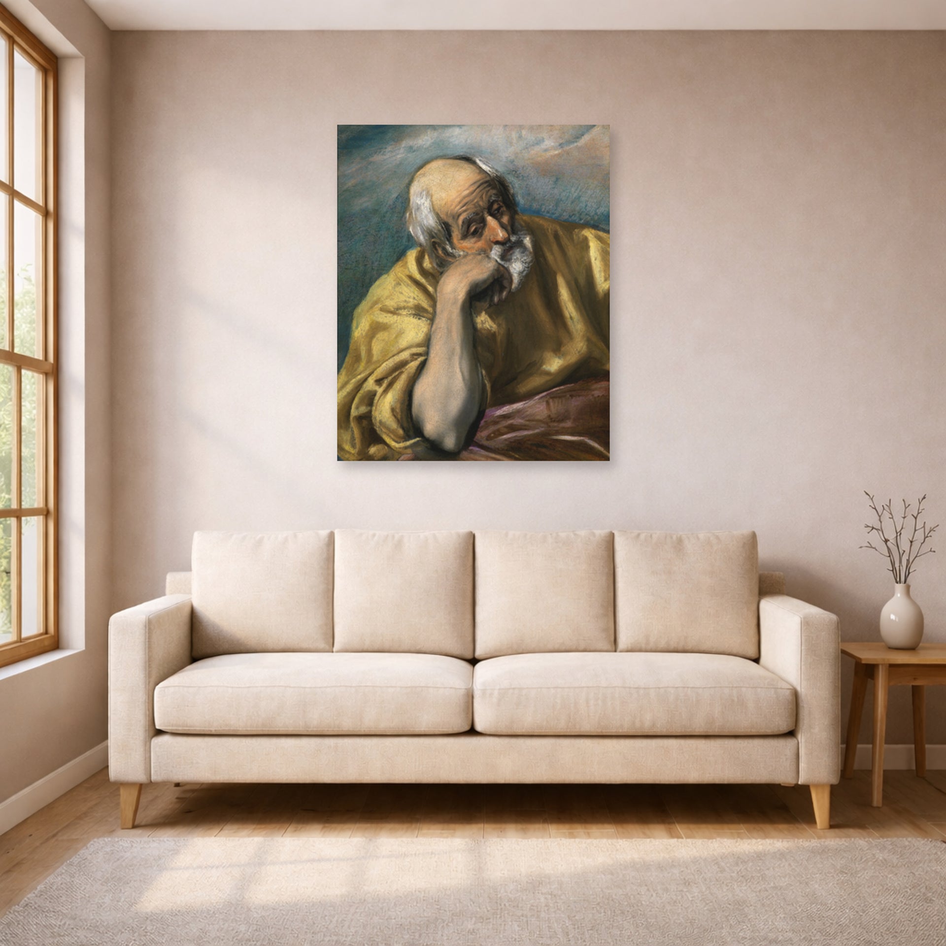 Unframed poster print of El Greco's Saint Joseph displayed on a wall in a living room