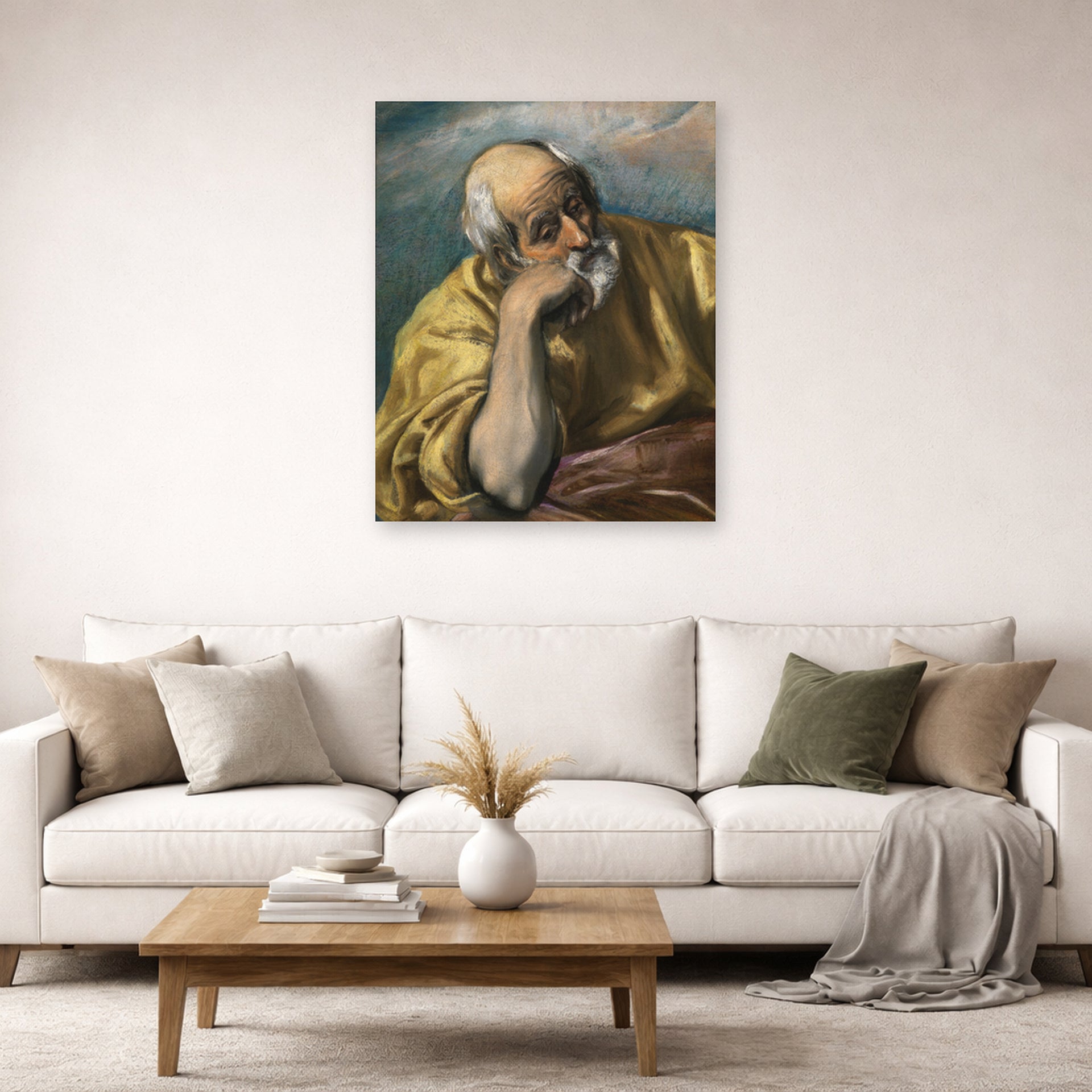 Unframed poster print of El Greco's Saint Joseph displayed on a wall in a living room