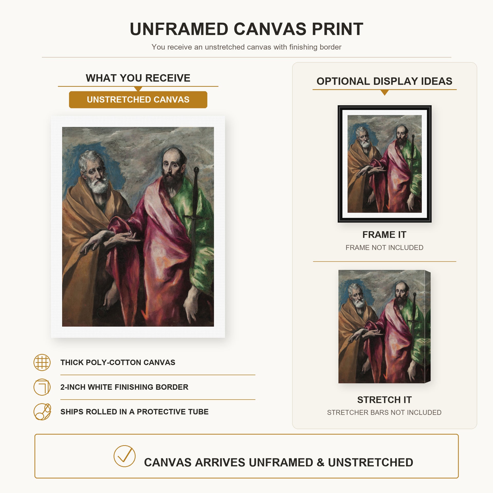 El Greco - Saint Peter and Saint Paul canvas print size comparison and framing display infographic