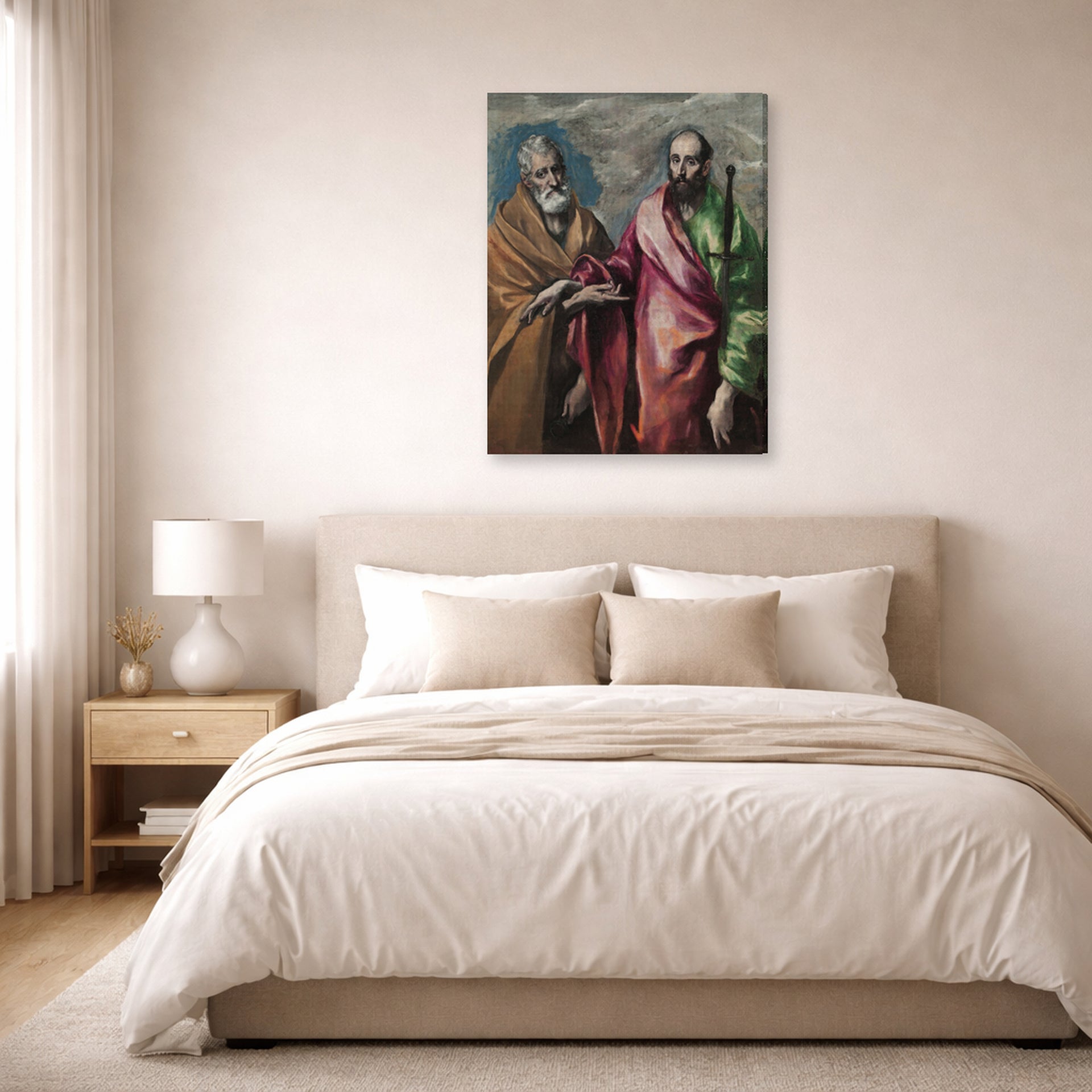 Gallery-wrapped canvas print of El Greco's Saint Peter and Saint Paul displayed on a wall in a bedroom