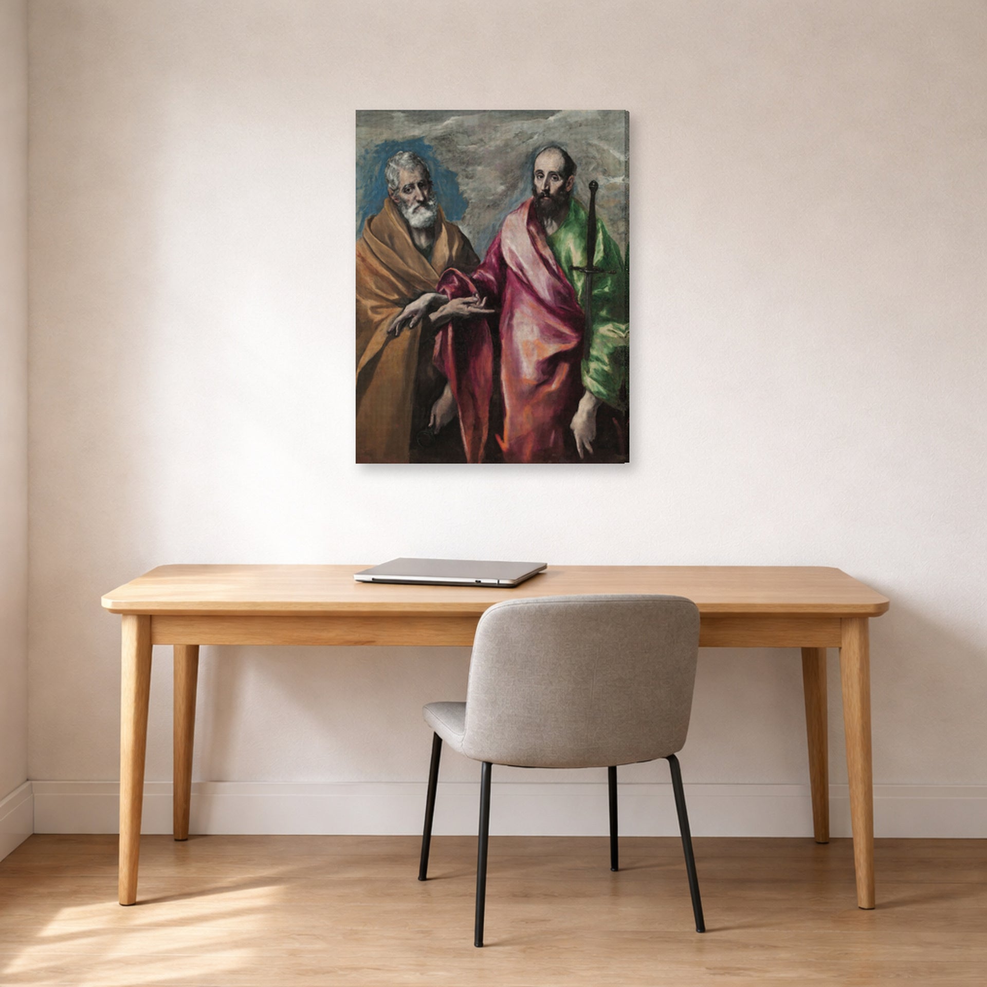 Gallery-wrapped canvas print of El Greco's Saint Peter and Saint Paul displayed on a wall in an office