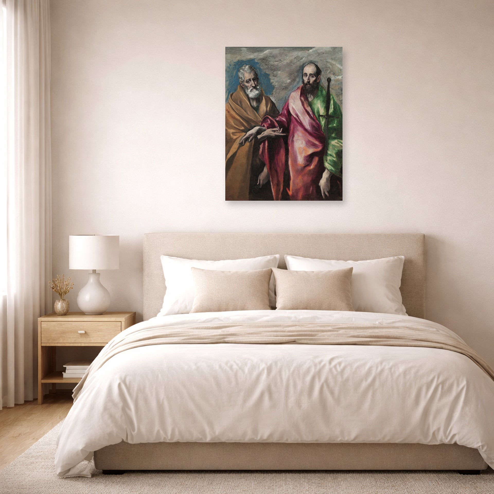 Unframed poster print of El Greco's Saint Peter and Saint Paul displayed on a wall in a bedroom