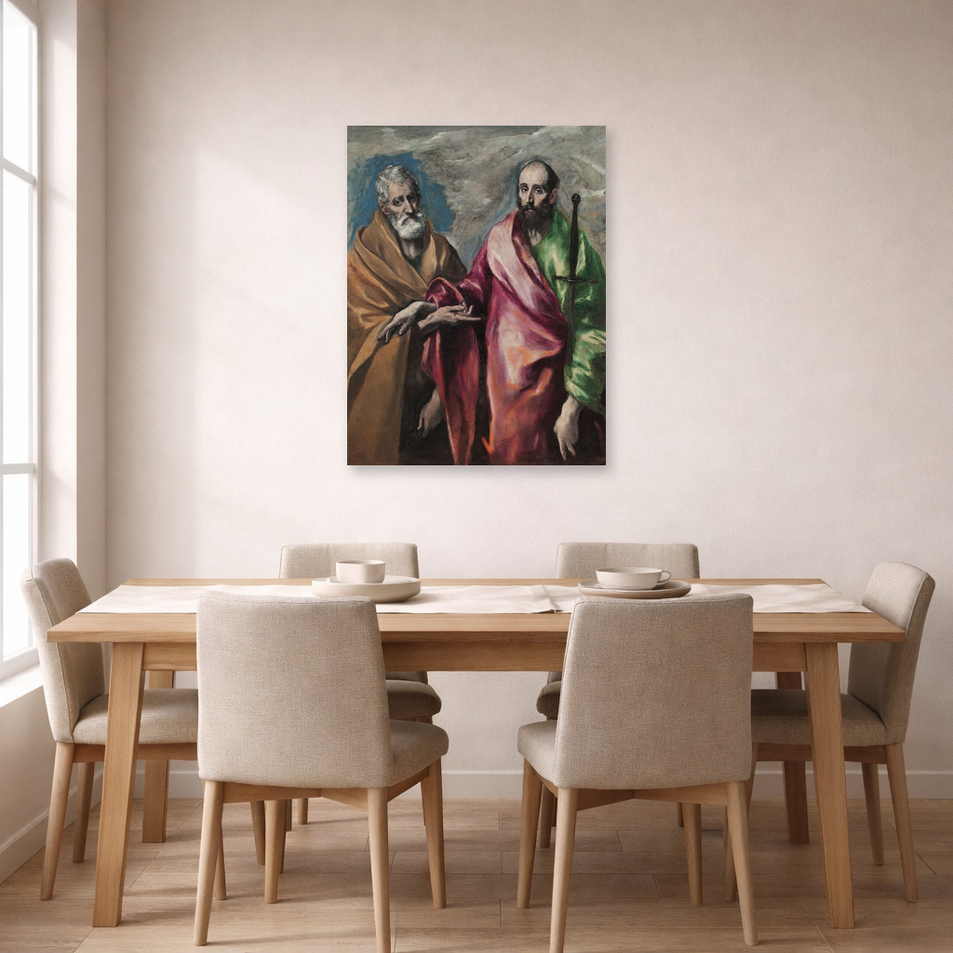 Unframed poster print of El Greco's Saint Peter and Saint Paul displayed on a wall in a dining room