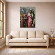 Unframed poster print of El Greco's Saint Peter and Saint Paul displayed on a wall in a living room