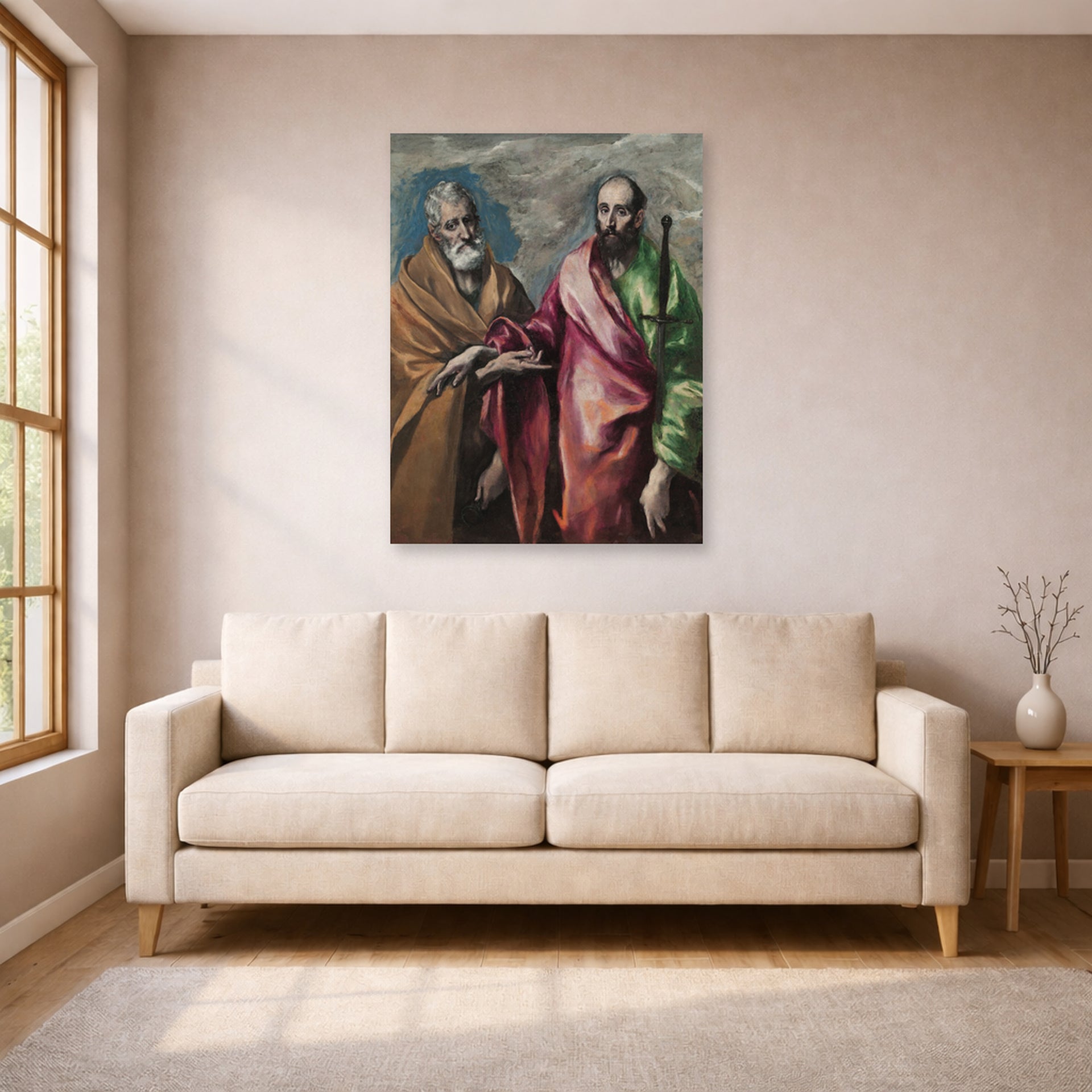 Unframed poster print of El Greco's Saint Peter and Saint Paul displayed on a wall in a living room