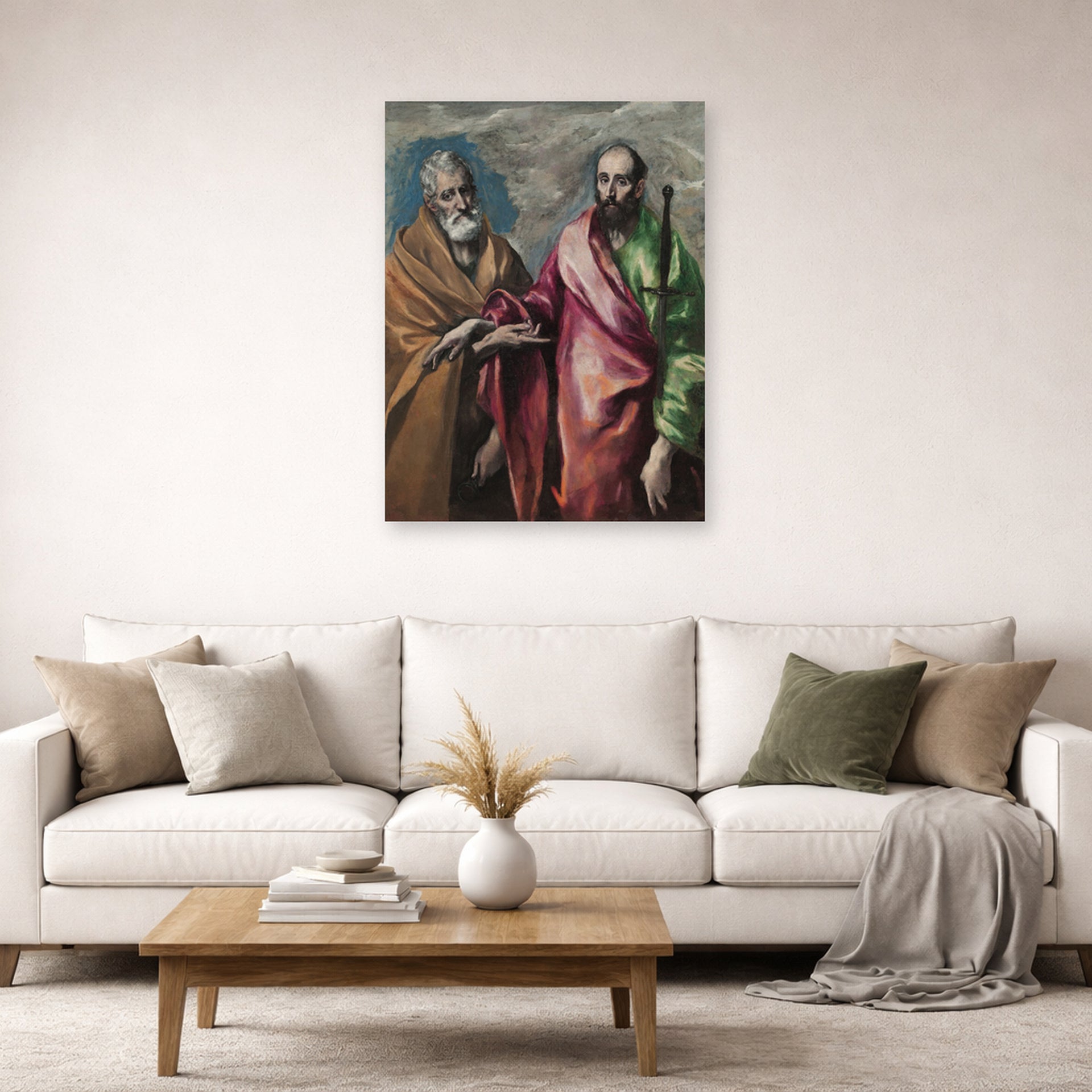 Unframed poster print of El Greco's Saint Peter and Saint Paul displayed on a wall in a living room