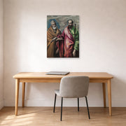 Unframed poster print of El Greco's Saint Peter and Saint Paul displayed on a wall in an office