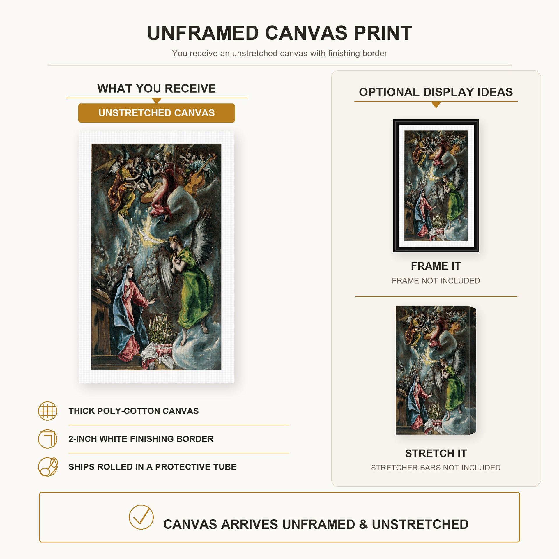El Greco - The Annunciation (Anunciación) canvas print size comparison and framing display infographic
