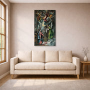 Gallery-wrapped canvas print of El Greco's The Annunciation (Anunciación) displayed on a wall in a living room