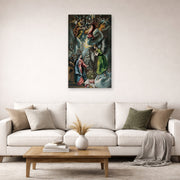 Gallery-wrapped canvas print of El Greco's The Annunciation (Anunciación) displayed on a wall in a living room