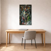 Gallery-wrapped canvas print of El Greco's The Annunciation (Anunciación) displayed on a wall in an office