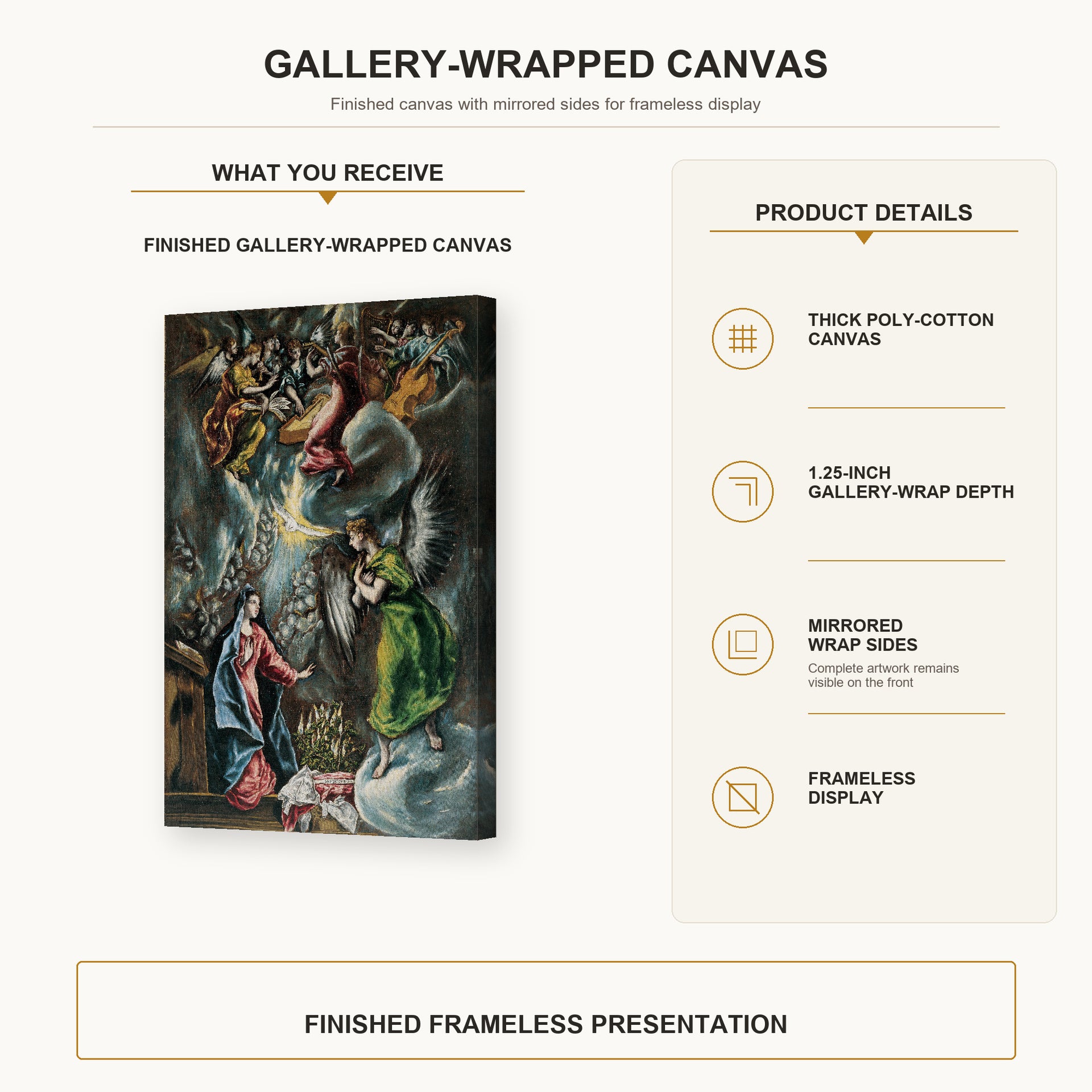 El Greco - The Annunciation (Anunciación) gallery wrap canvas construction and hanging details infographic