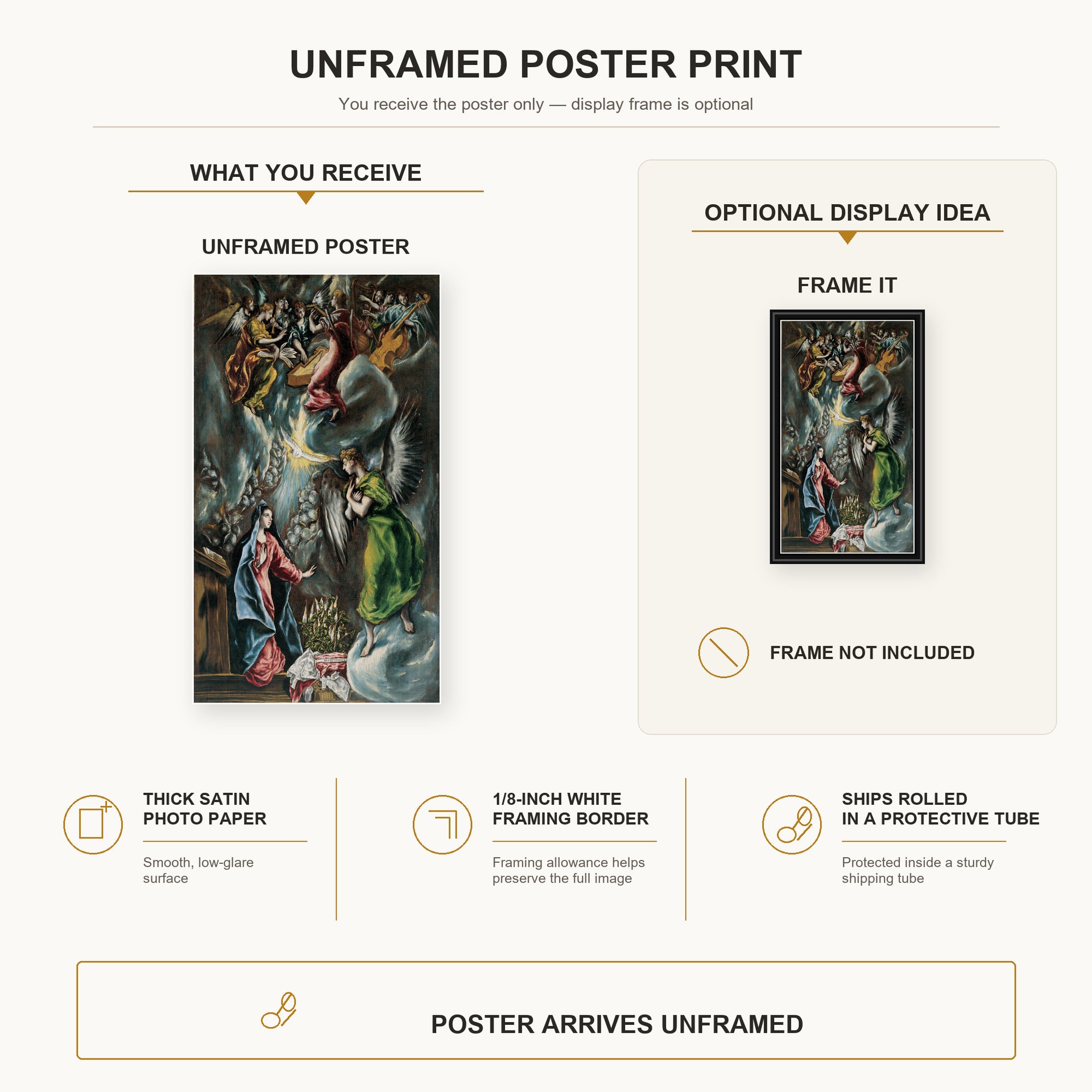 El Greco - The Annunciation (Anunciación) poster print size comparison and framing display infographic