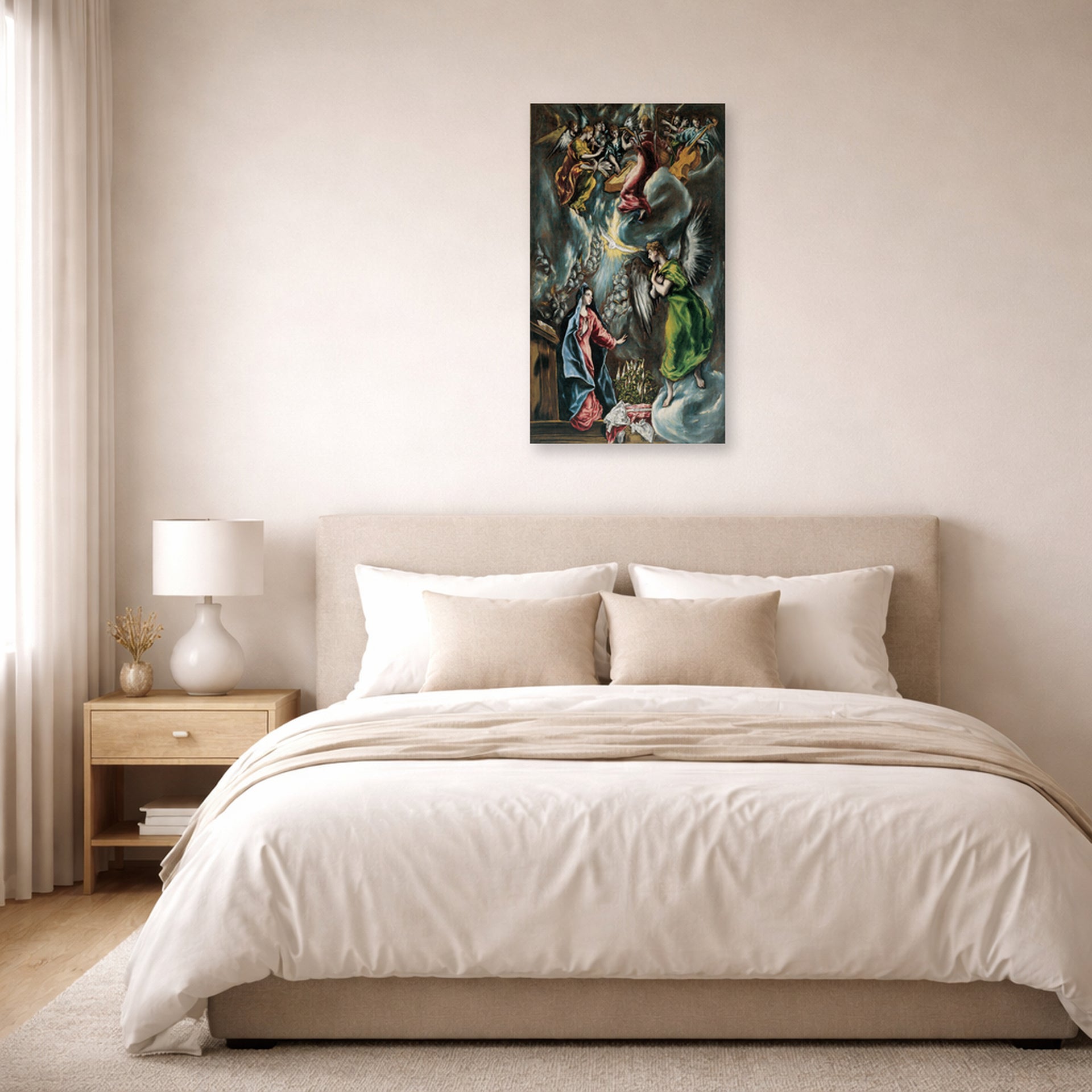 Unframed poster print of El Greco's The Annunciation (Anunciación) displayed on a wall in a bedroom