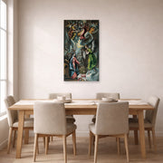 Unframed poster print of El Greco's The Annunciation (Anunciación) displayed on a wall in a dining room