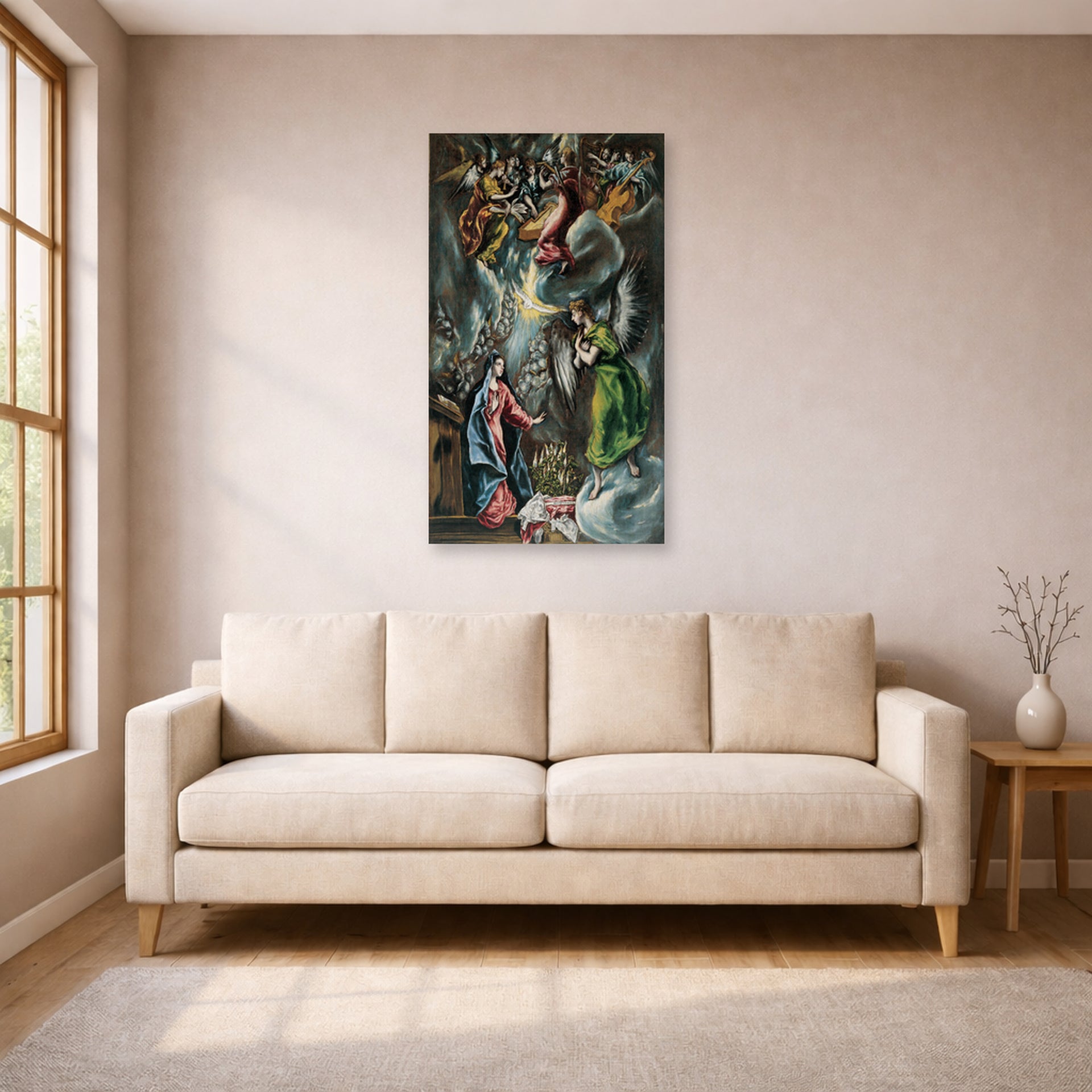Unframed poster print of El Greco's The Annunciation (Anunciación) displayed on a wall in a living room