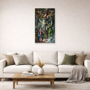 Unframed poster print of El Greco's The Annunciation (Anunciación) displayed on a wall in a living room