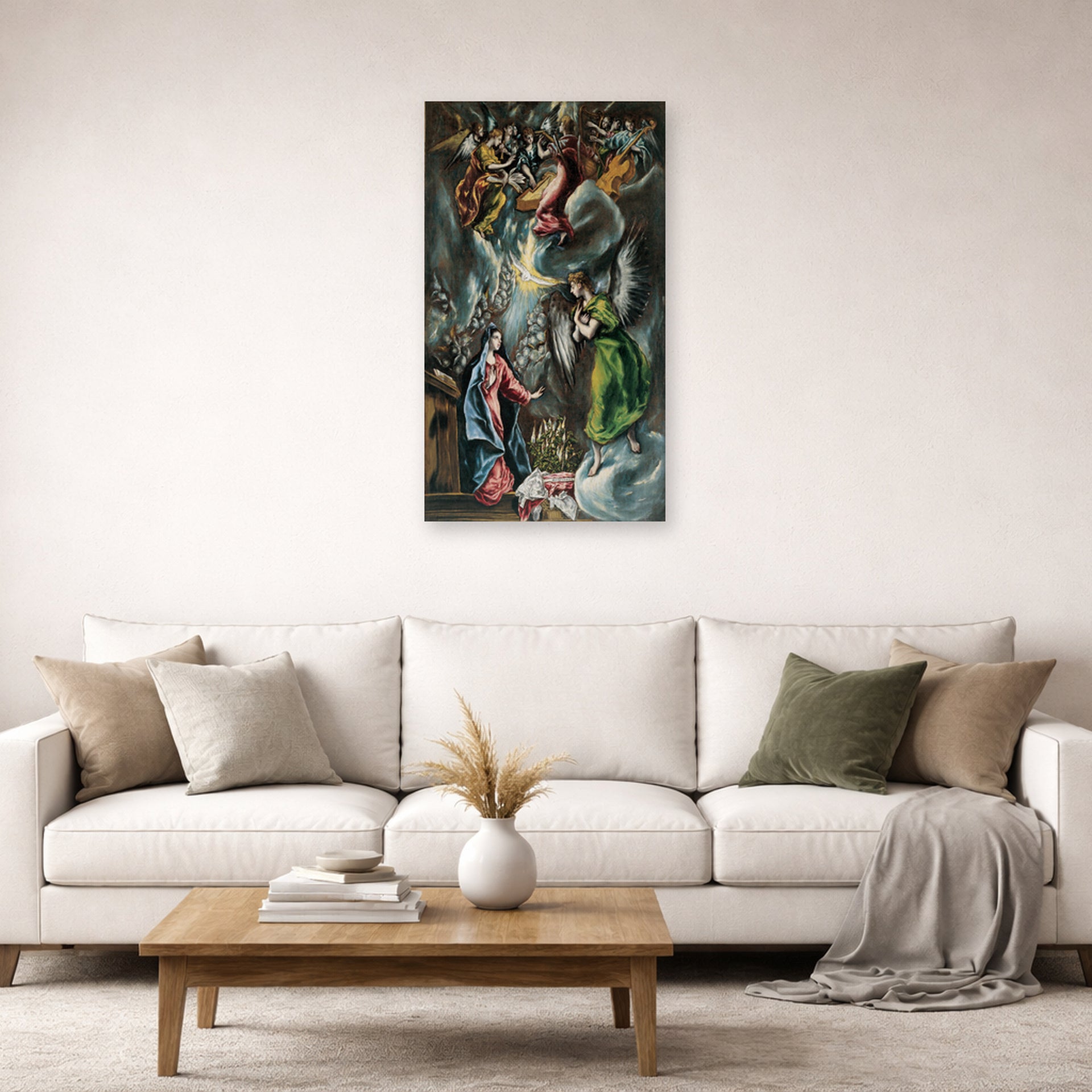 Unframed poster print of El Greco's The Annunciation (Anunciación) displayed on a wall in a living room