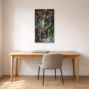 Unframed poster print of El Greco's The Annunciation (Anunciación) displayed on a wall in an office