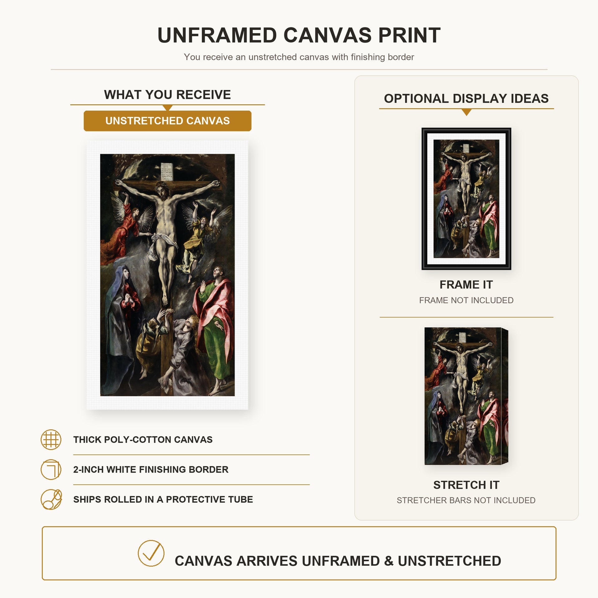El Greco - The Crucifixion canvas print size comparison and framing display infographic