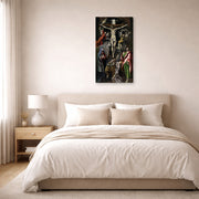 Gallery-wrapped canvas print of El Greco's The Crucifixion displayed on a wall in a bedroom