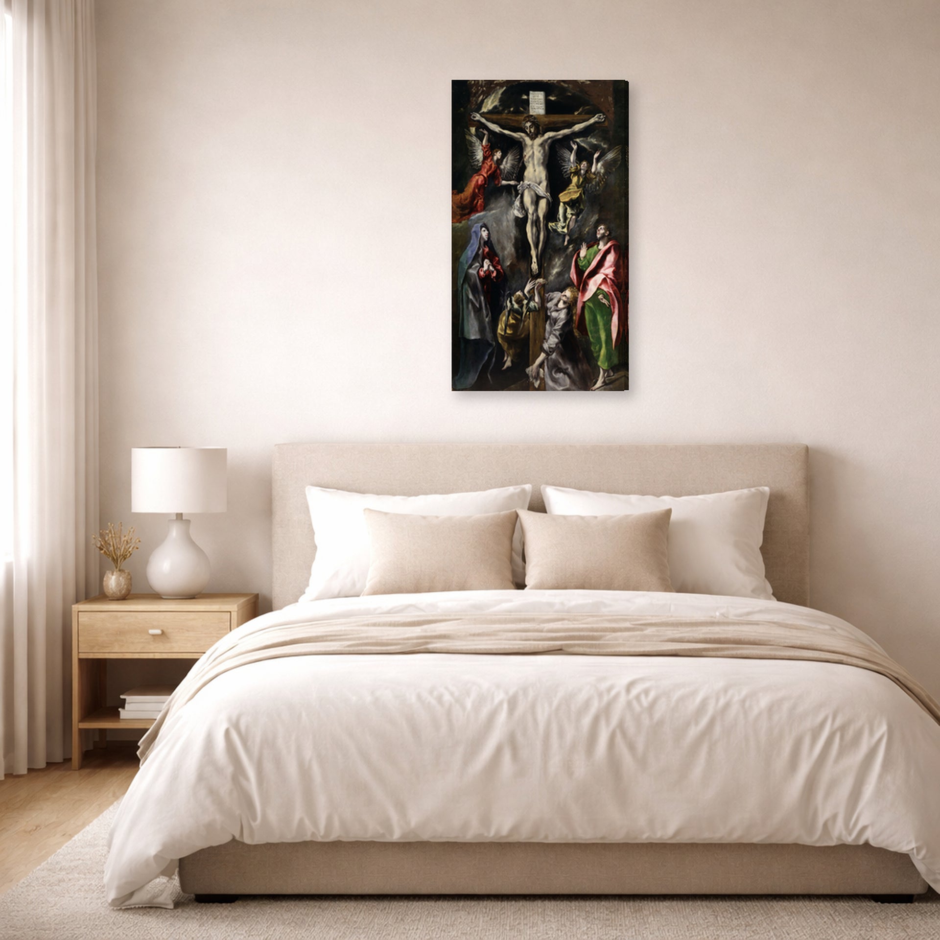 Gallery-wrapped canvas print of El Greco's The Crucifixion displayed on a wall in a bedroom