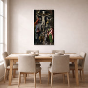 Gallery-wrapped canvas print of El Greco's The Crucifixion displayed on a wall in a dining room