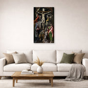 Gallery-wrapped canvas print of El Greco's The Crucifixion displayed on a wall in a living room