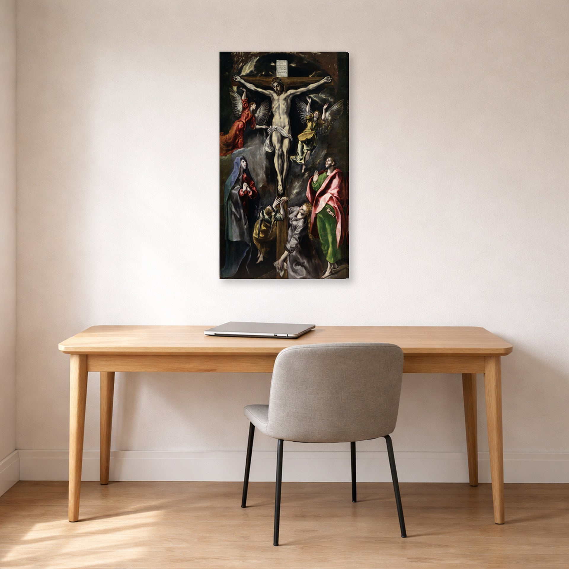 Gallery-wrapped canvas print of El Greco's The Crucifixion displayed on a wall in an office