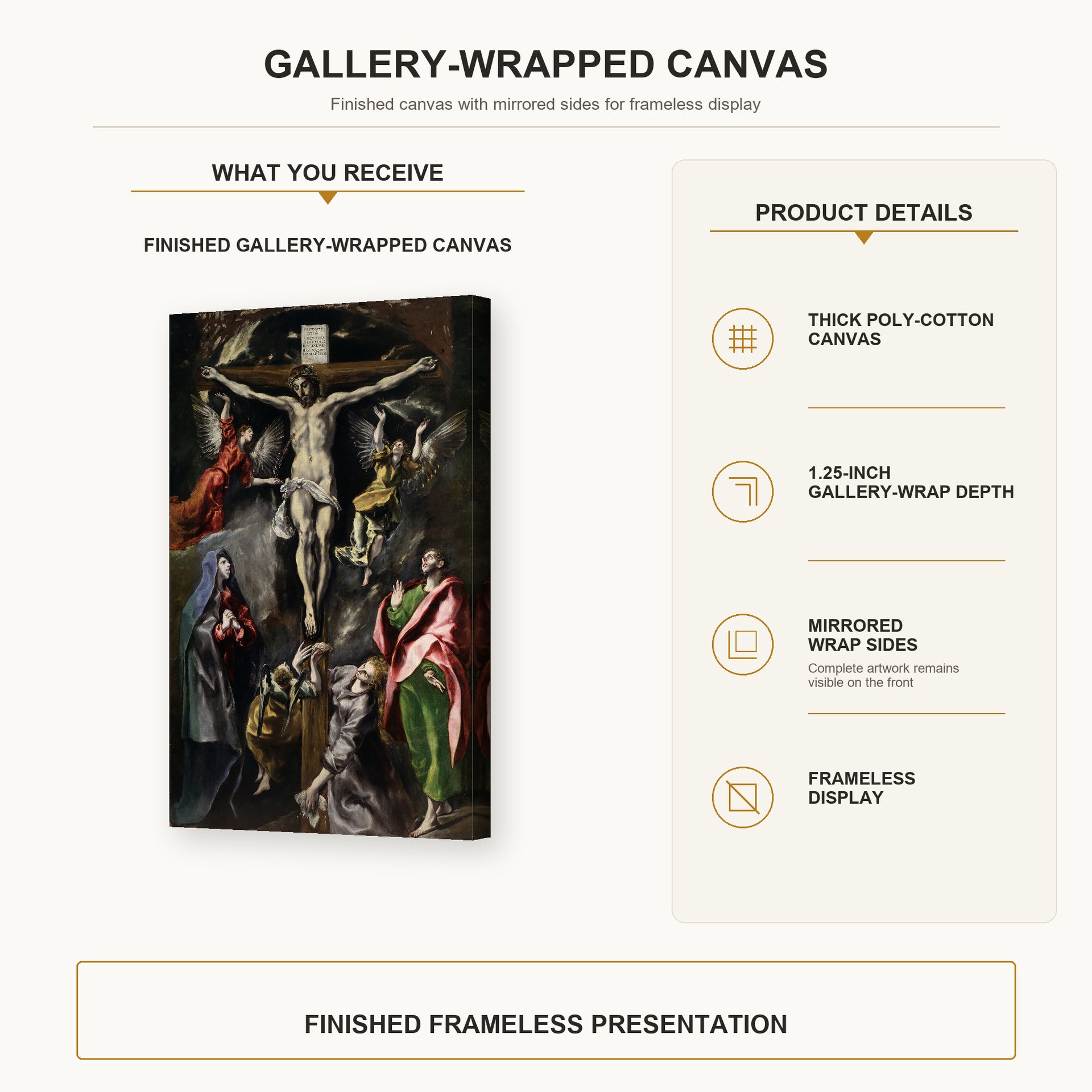 El Greco - The Crucifixion gallery wrap canvas construction and hanging details infographic