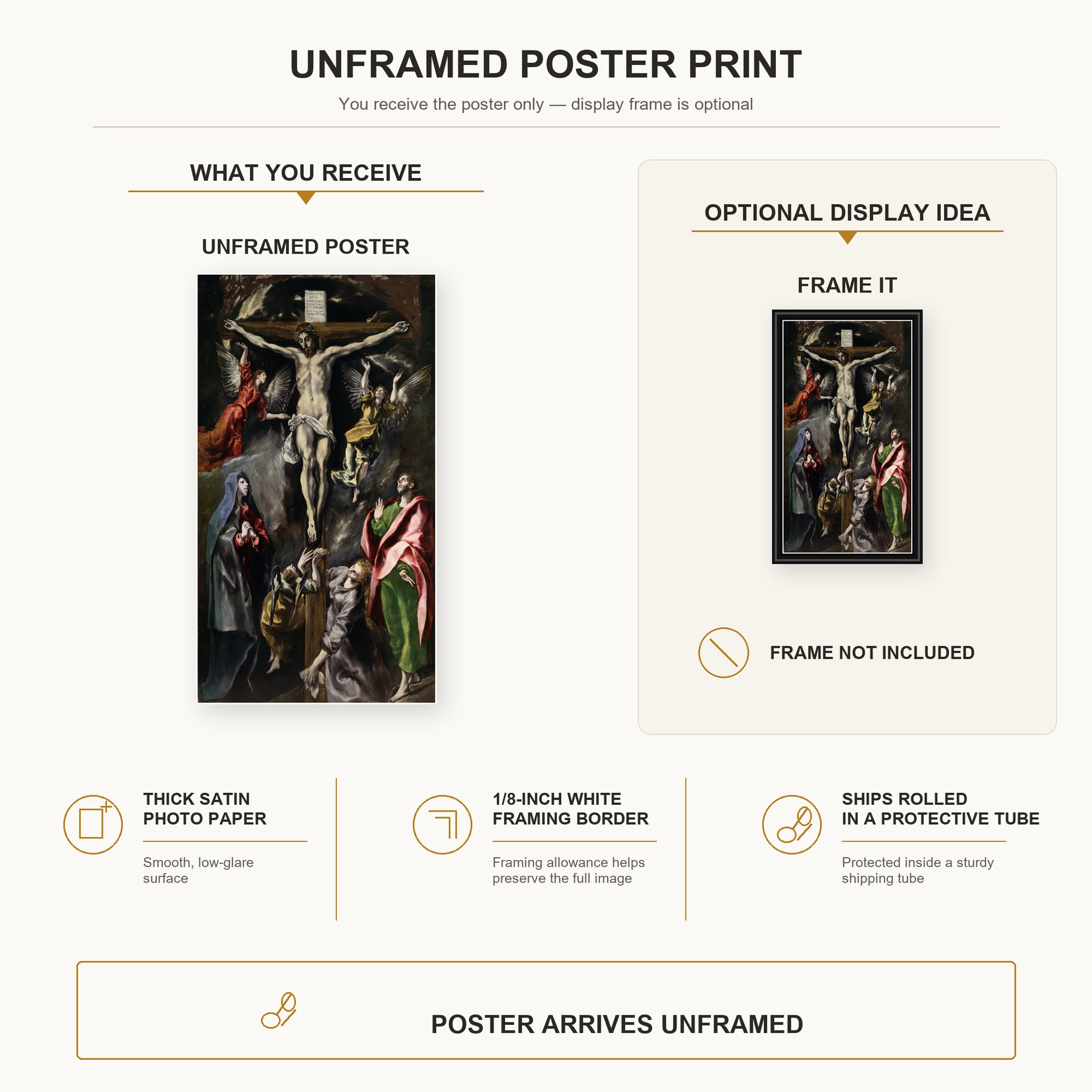 El Greco - The Crucifixion poster print size comparison and framing display infographic