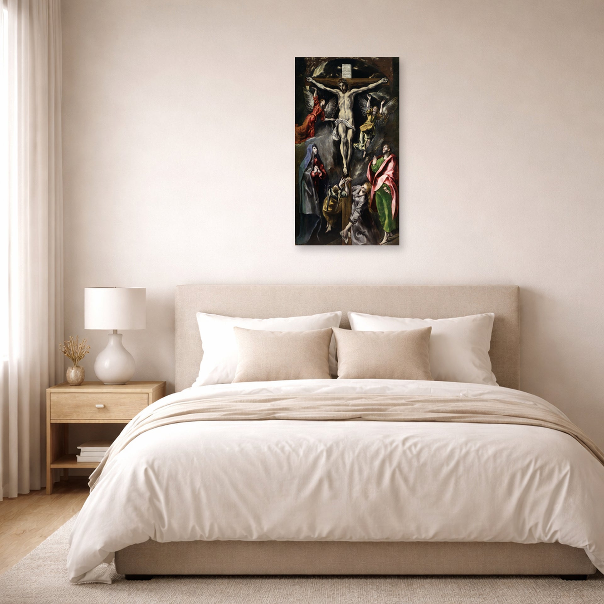 Unframed poster print of El Greco's The Crucifixion displayed on a wall in a bedroom