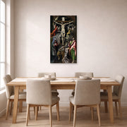 Unframed poster print of El Greco's The Crucifixion displayed on a wall in a dining room