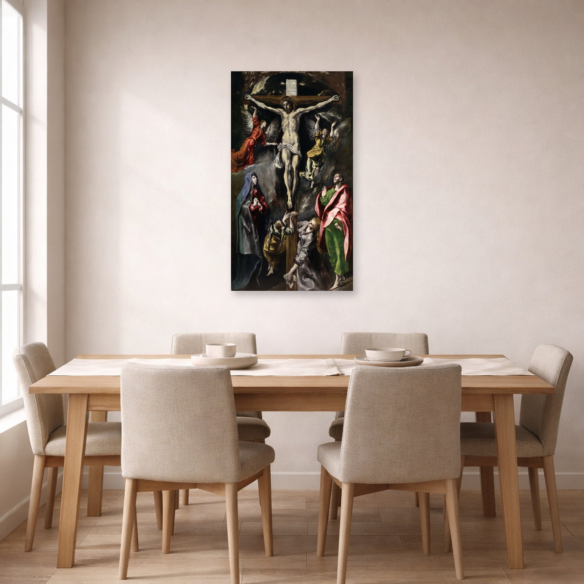 Unframed poster print of El Greco's The Crucifixion displayed on a wall in a dining room