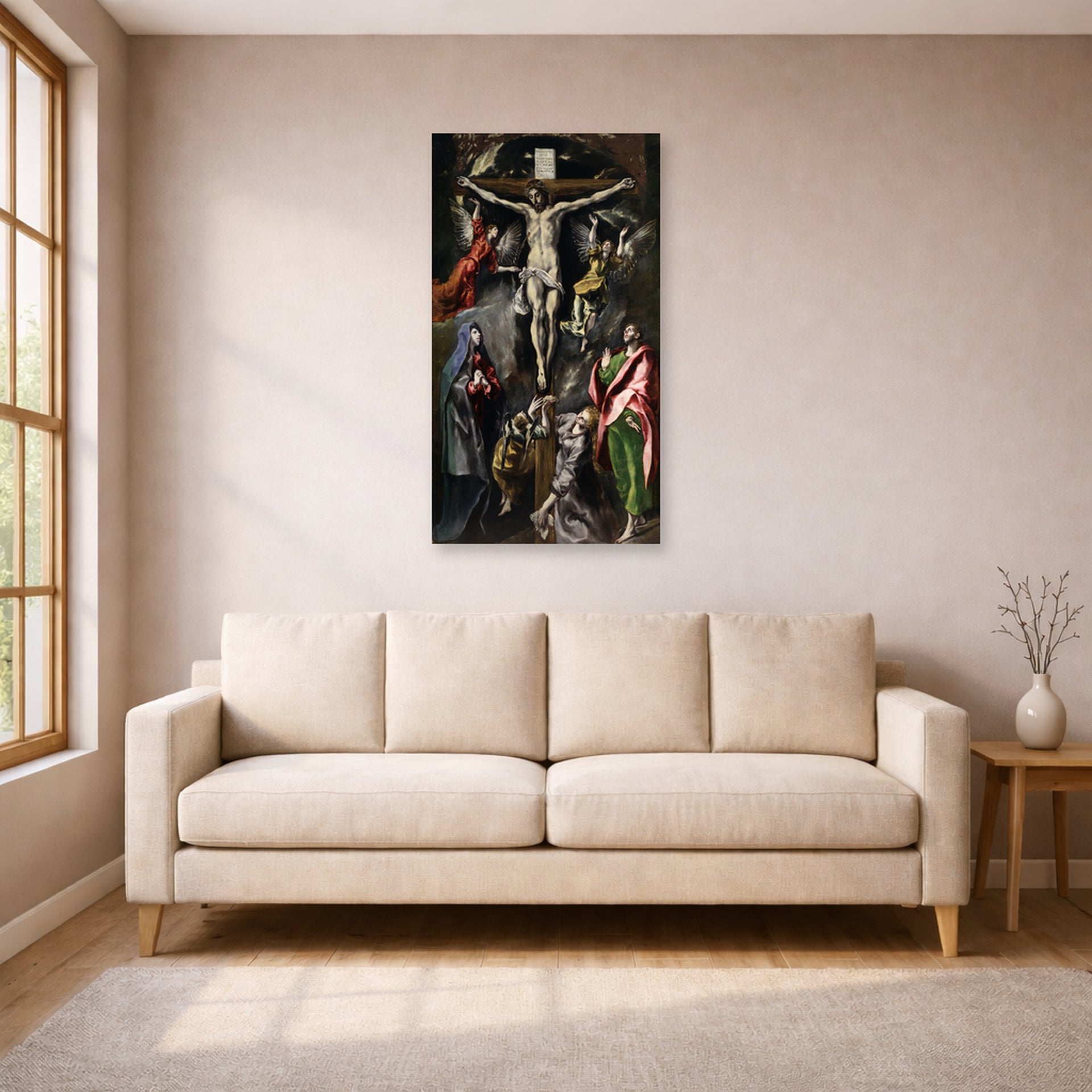 Unframed poster print of El Greco's The Crucifixion displayed on a wall in a living room