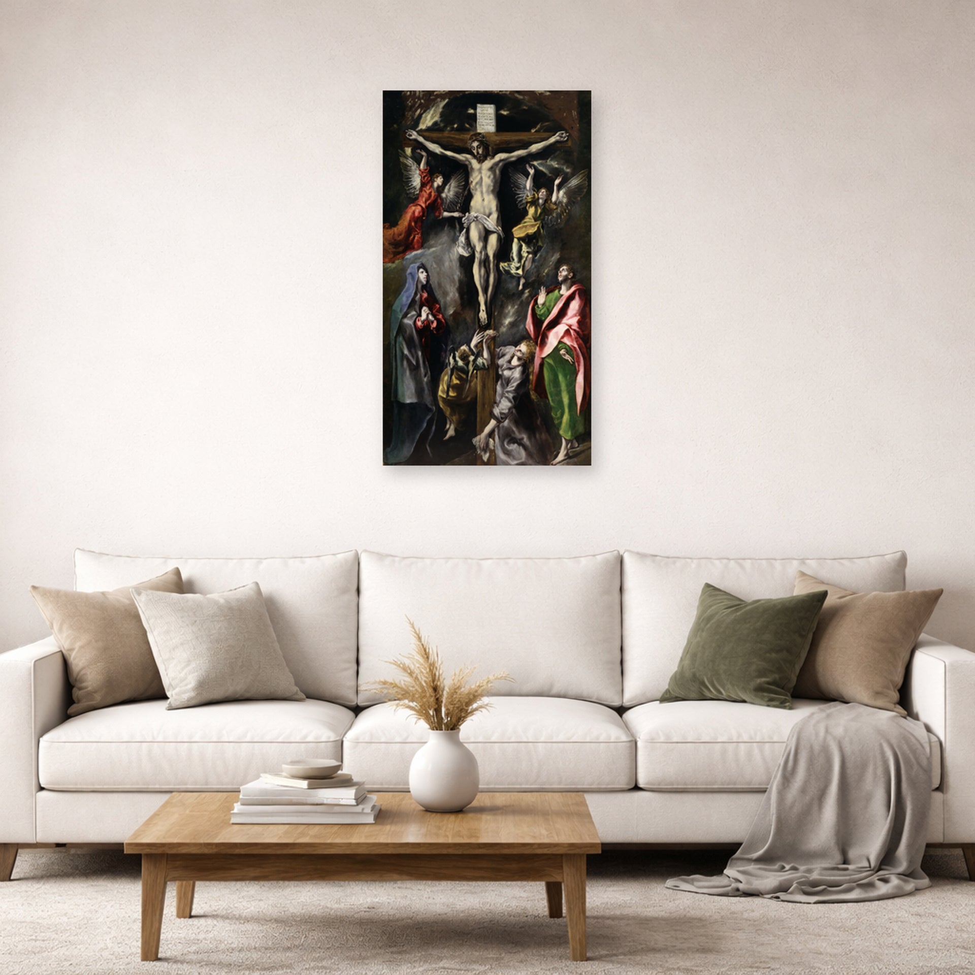 Unframed poster print of El Greco's The Crucifixion displayed on a wall in a living room