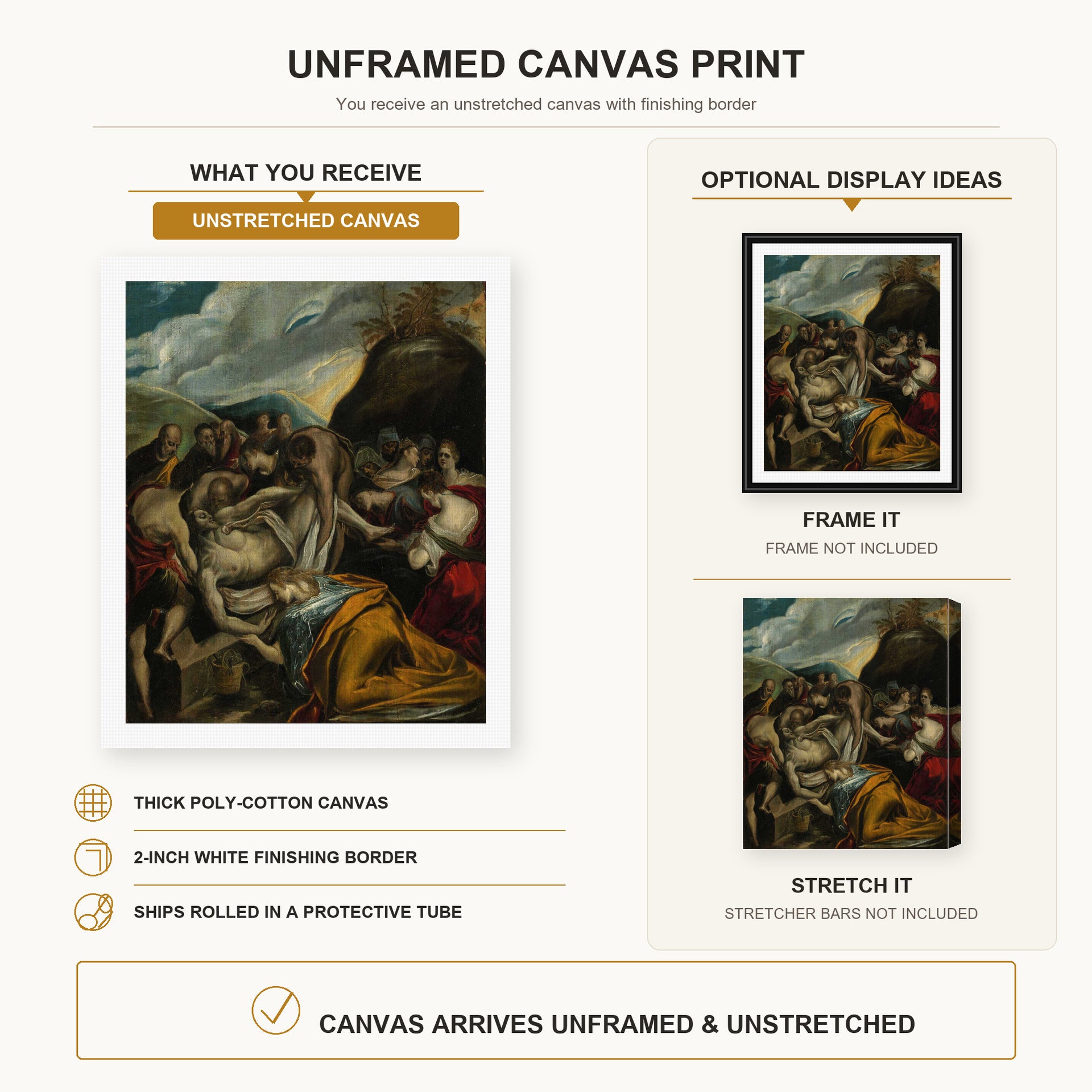 El Greco - The Entombment of Christ canvas print size comparison and framing display infographic