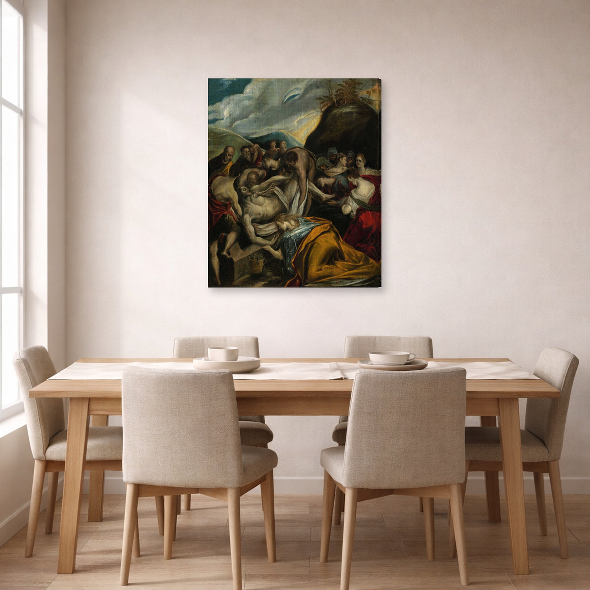 Gallery-wrapped canvas print of El Greco's The Entombment of Christ displayed on a wall in a dining room